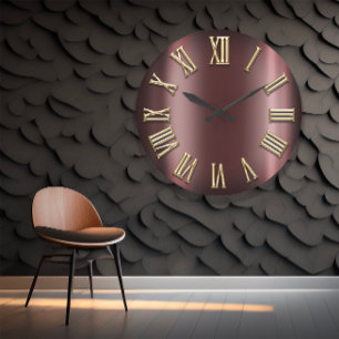 Grande Horloge Ronde Nombre romain métallique d'or marron de Bourgogne
