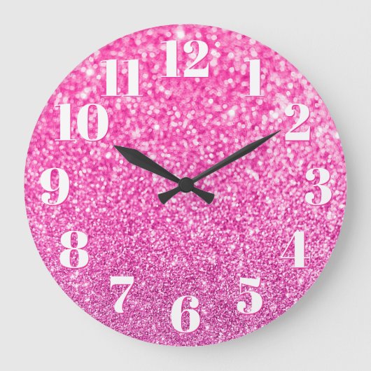 Grande Horloge Ronde Nombres modernes Faux Brillant Bokeh Rose Paillett (Recto)