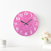 Grande Horloge Ronde Nombres modernes Faux Brillant Bokeh Rose Paillett (Maison)