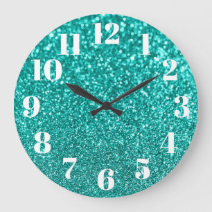 Grande Horloge Ronde Nombres Modernes Faux Pailleté Glitter Sarcelle Ph