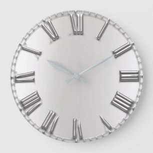 Grande Horloge Ronde Nombres romains argentés gris métalliques gris d