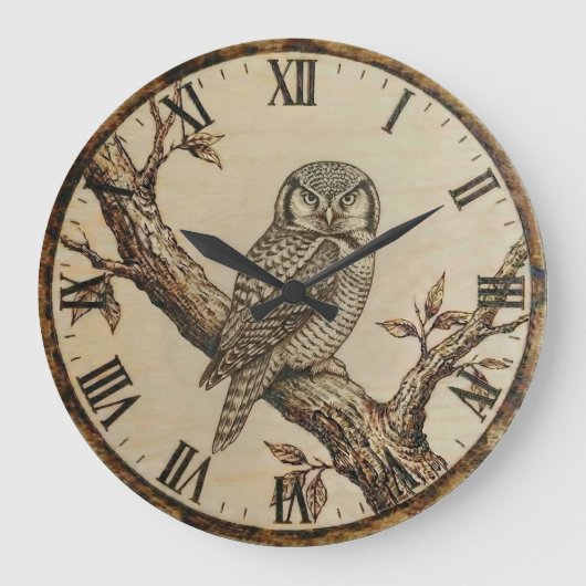 Grande Horloge Ronde Northern Hawk Owl Wood Clock (Recto)