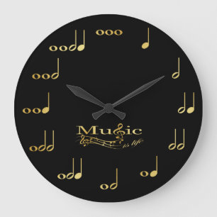 Grande Horloge Ronde Notes musicales - La musique est la vie - Noir et 
