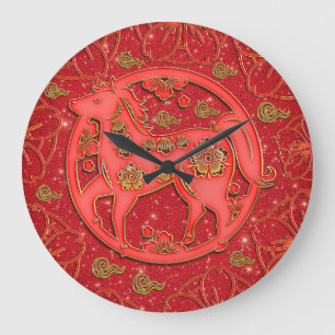 Grande Horloge Ronde Nouvelle année chinoise Cheval Floral Or Rouge 202