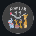 Grande Horloge Ronde Now I, 11 ans old 11th Birthday at the Zoo<br><div class="desc">Joyeux anniversaire. Funny and lovely Kids Birthday design with a cute Elephant,  two ferrets and a girafe celebrating your birthday at the zoo.</div>