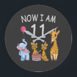 Grande Horloge Ronde Now I, 11 ans old 11th Birthday at the Zoo<br><div class="desc">Joyeux anniversaire. Funny and lovely Kids Birthday design with a cute Elephant,  two ferrets and a girafe celebrating your birthday at the zoo.</div>