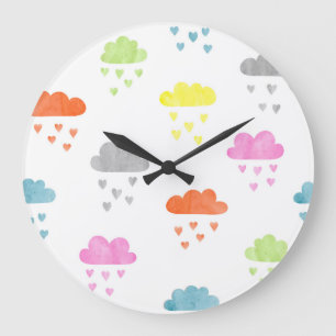 Grande Horloge Ronde Nuages de rêve : pluie cardiaque aquarelle