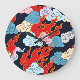 Grande Horloge Ronde Nuages, flammes : Motif Vintage noir.