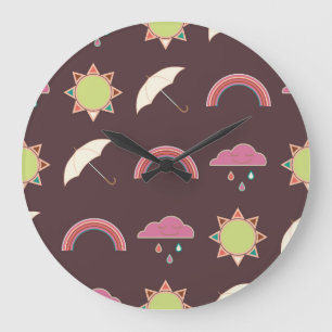 Grande Horloge Ronde Nuages, pluie, soleil, motif parapluie.