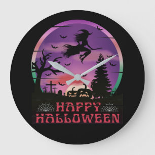 GRANDE HORLOGE RONDE NUIT D'HALLOWEEN SORCIÈRE DE CIMETIÈRE
