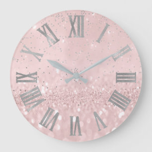 Grande Horloge Ronde Numéro de Silver Pink Glitter Cpnfeti Metallic