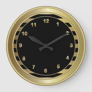 Grande Horloge Ronde Numéros et bandes noires et or classiques