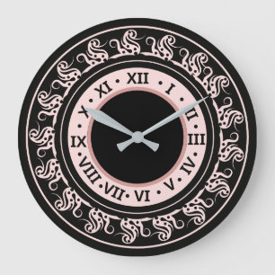 Grande Horloge Ronde Numéros romains noirs et roses païens