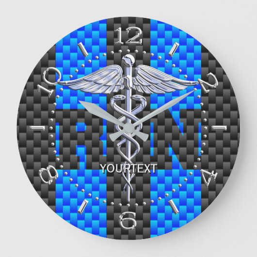 Grande Horloge Ronde Nurse RN Caduceus Personalized Style bleu carbon (Recto)