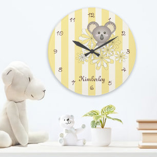 Grande Horloge Ronde Nurserie / Chambre d'enfant Bébé Koala à Rayure Ja