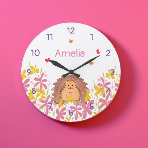 Grande Horloge Ronde Nurserie personnalisée avec un hérisson mignon