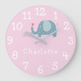 Grande Horloge Ronde Nurserie personnalisée Éléphants à pois
