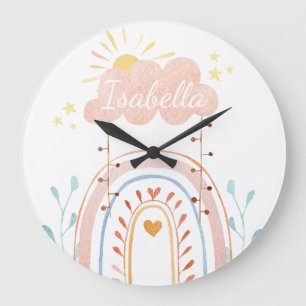 Grande Horloge Ronde Nursery Enfant Arc-en-Ciel Mignon Aquarelle