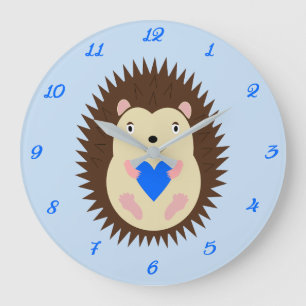 Grande Horloge Ronde Nursery Hérisson Cœur Bleu Petit Garçon