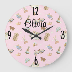 Grande Horloge Ronde Nursery pour Bébé Fille Jouets Vintage sur Rose 10