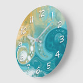 Grande Horloge Ronde Ocean Blue Waves et Sandy Brown Fluid Art (Angle)