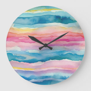 Grande Horloge Ronde Ocean Waves Watercolor Arc en ciel