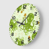 Grande Horloge Ronde Octopes Vertes Avec Fleurs (Angle)