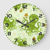 Grande Horloge Ronde Octopes Vertes Avec Fleurs (Recto)