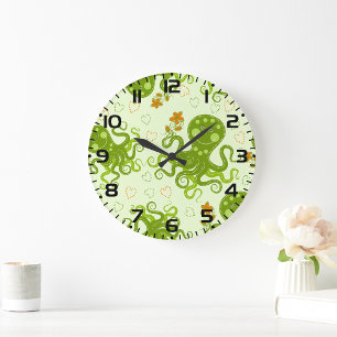 Grande Horloge Ronde Octopes Vertes Avec Fleurs