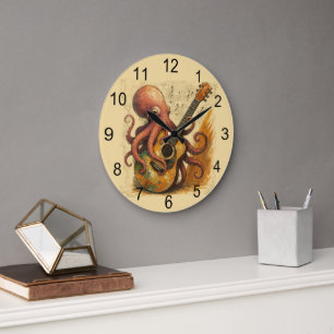 Grande Horloge Ronde Octopus Jouer Guitare Musique Vintage Art