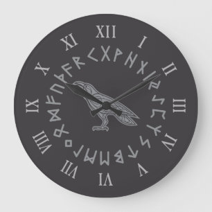 Grande Horloge Ronde Odin Corbeau Corneille Mythologie Viking runes run