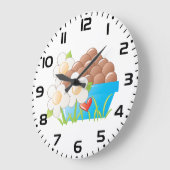 Grande Horloge Ronde Oeufs en Bleu avec Fleurs et Coeur (Angle)