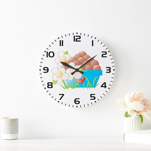 Grande Horloge Ronde Oeufs en Bleu avec Fleurs et Coeur
