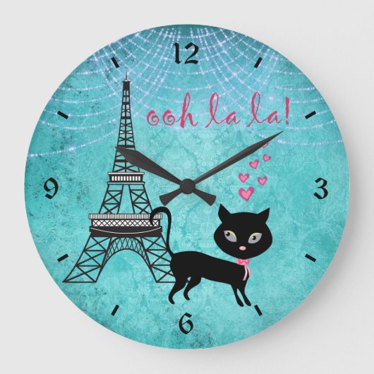 Grande Horloge Ronde Oh La La Paris Chat avec Tour Eiffel et Lumières (Recto)