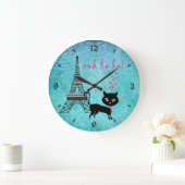 Grande Horloge Ronde Oh La La Paris Chat avec Tour Eiffel et Lumières (Maison)