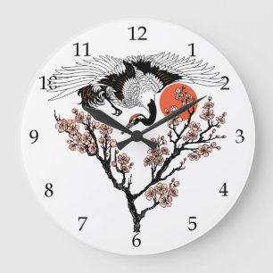 Grande Horloge Ronde Oiseau de grue japonais et sakura en fleurs