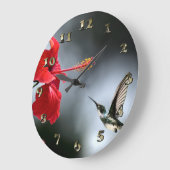 Grande Horloge Ronde Oiseau de Humming et Fleur Rouge (Angle)