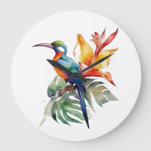 Grande Horloge Ronde Oiseau de Paradis, oiseau et fleur de fantaisie co