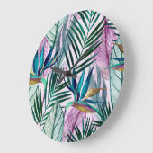Grande Horloge Ronde Oiseau de paradis tropical, motif d'aquarelle (Angle)