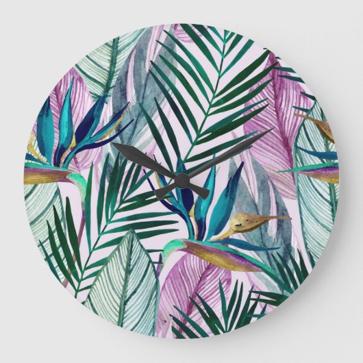 Grande Horloge Ronde Oiseau de paradis tropical, motif d'aquarelle (Recto)
