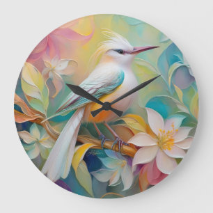 Grande Horloge Ronde Oiseau Fantastique à Dos Doré Touffu