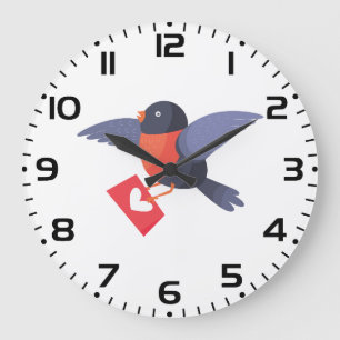 Grande Horloge Ronde Oiseau Robin volant avec lettre d'amour au cœur ro