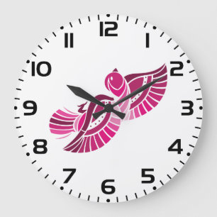 Grande Horloge Ronde Oiseau Rose Tribal Phoenix Magenta Stylisé