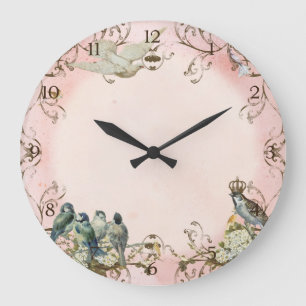 Grande Horloge Ronde Oiseaux boisés enchantés Dove Swirl Personnalisé