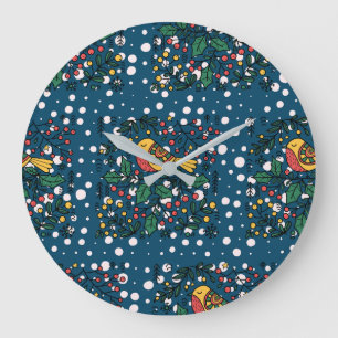 Grande Horloge Ronde Oiseaux Colorés Avec Motif Floral Vintage Bleu