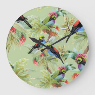 Grande Horloge Ronde Oiseaux de fleurs d'été : Motif tropical