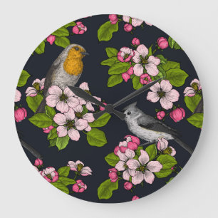 Grande Horloge Ronde Oiseaux et fleurs en noir