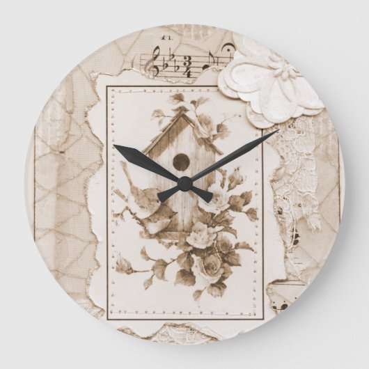 Grande Horloge Ronde Oiseaux Et Maison Shabby Chic (Recto)