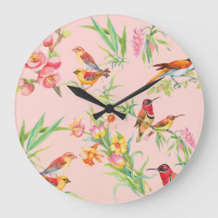 Grande Horloge Ronde Oiseaux exotiques : Vintage Floral Sans Seamless.