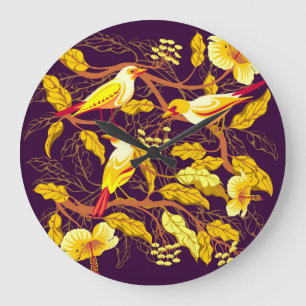Grande Horloge Ronde Oiseaux tropicaux Fleurs exotiques Illustration